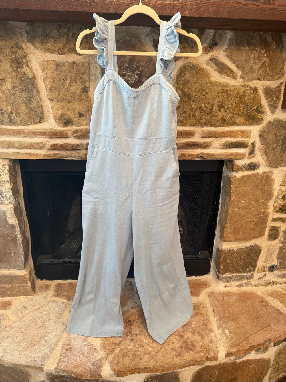 Baltic Born,Light Blue Ruffle-Strap Women's Denim Jumpsuit, Size Small